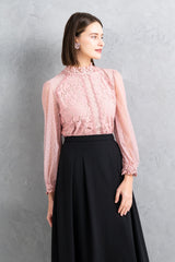 【50%OFF】レース×ドットチュールハイネックブラウス