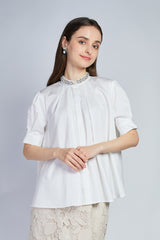[NEW] Lace x Dot Tulle High Neck Blouse 