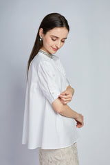 [NEW] Lace x Dot Tulle High Neck Blouse 