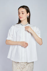 [NEW] Lace x Dot Tulle High Neck Blouse 
