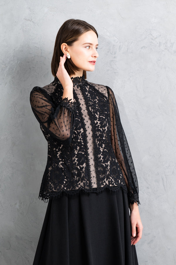 【NEW】レース×ドットチュールハイネックブラウス