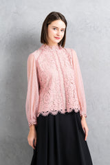 [30% OFF] Lace x Polka Dot Tulle High Neck Blouse 
