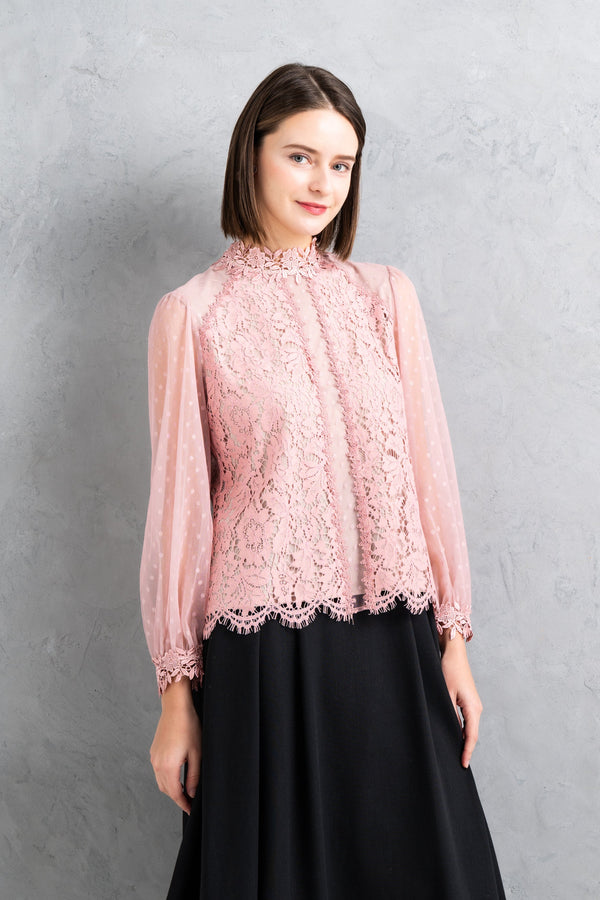 【NEW】レース×ドットチュールハイネックブラウス