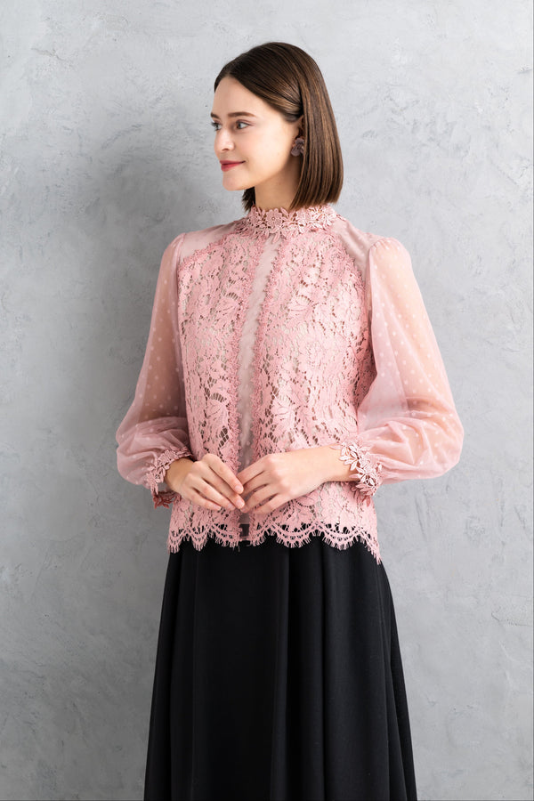 【NEW】レース×ドットチュールハイネックブラウス