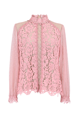 [30% OFF] Lace x Polka Dot Tulle High Neck Blouse 