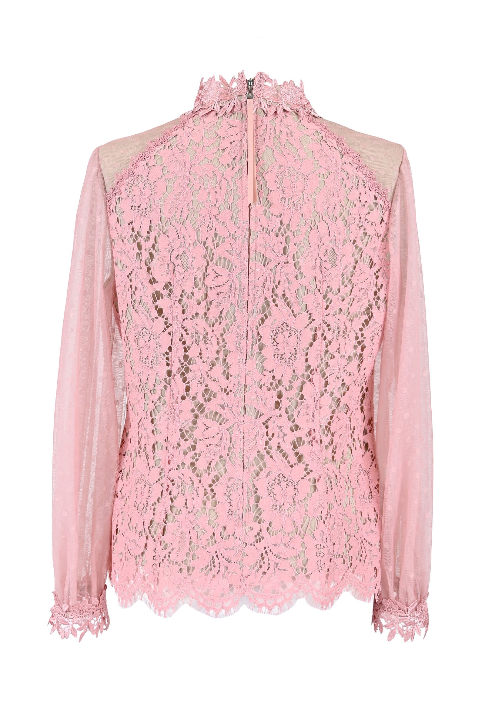 50％OFF】レース×ドットチュールハイネックブラウス | レース 