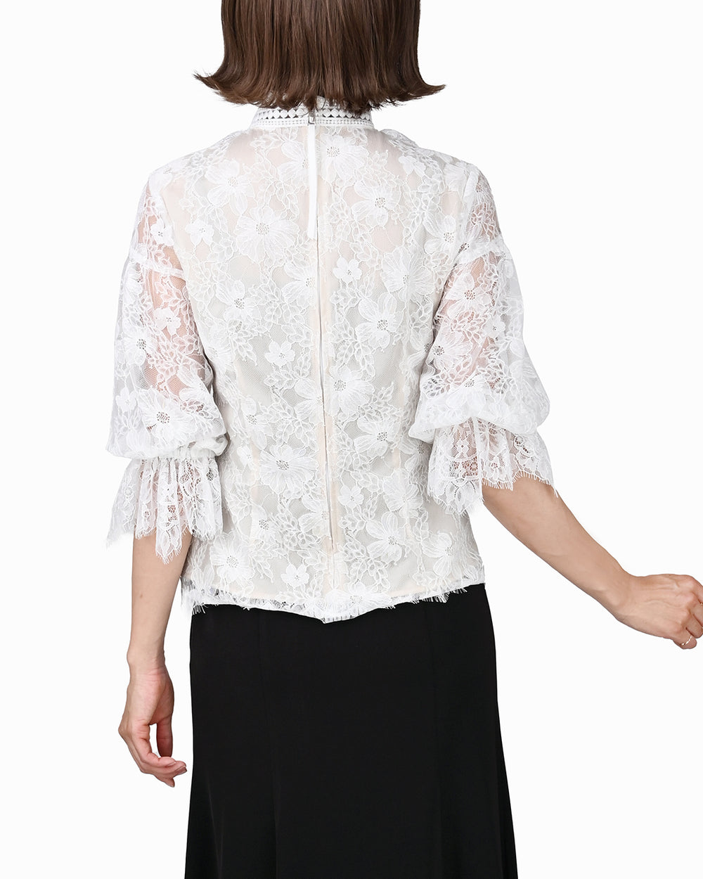 CHRISCELIN クリスセリーン  シフォン　イタリア生地レース　七分袖ブラウス ポリエステル　￥30,800  ・40 321-5737 ブラック CHRISCELIN クリスセリーン シフォン イタリア生地レース 七分袖