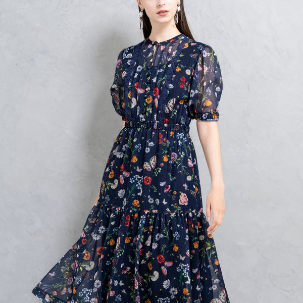 【店舗限定品】ナンシーローズ　シフォン　ワンピース（キナリ） セール】レースアップロングシフォンワンピース（ワンピース