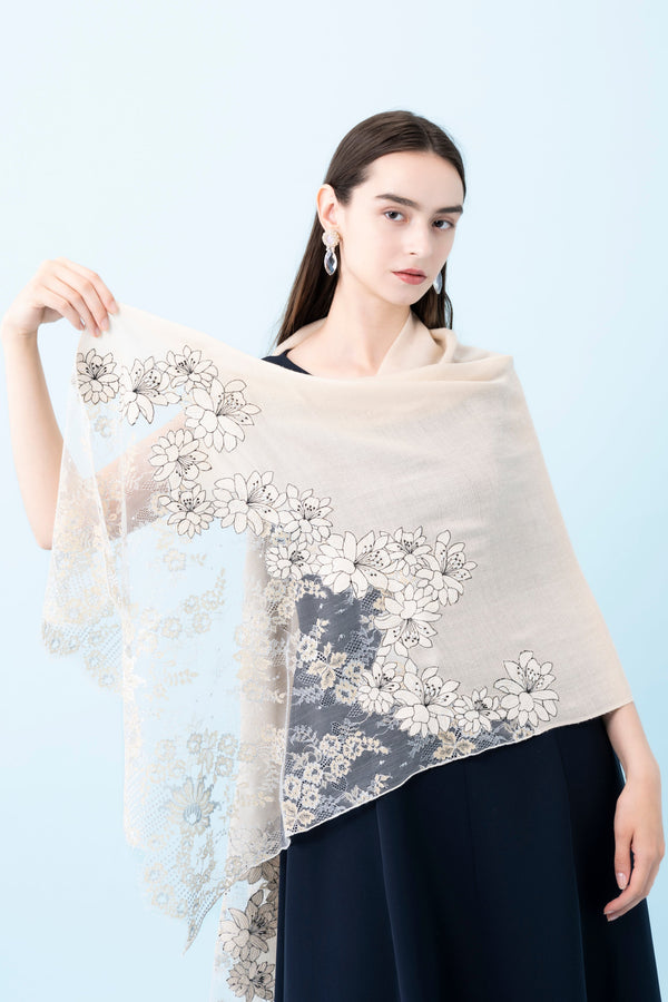 ウールシルク花刺繍ストール