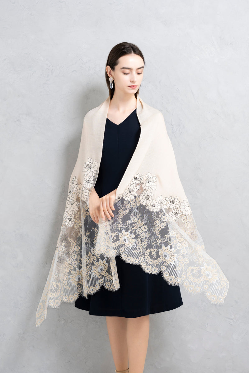 ウールシルク花刺繍ストール